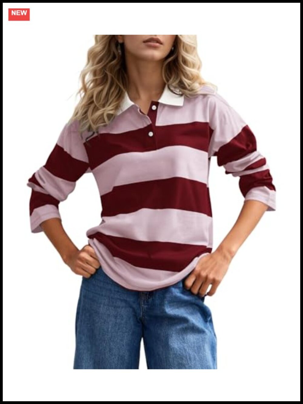 Striped Long Sleeve Polo Shirt with Collar and Button Placket